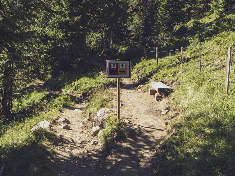 Ein Schild markiert die Verzweiung an der sich Biketrail und Wanderweg auf dem Rinerhorn teilen. | © Davos Klosters Mountains 