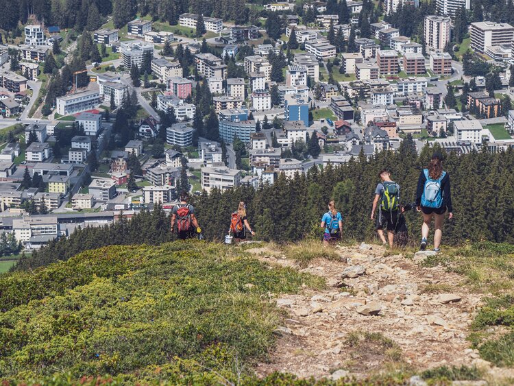 Helfer des Umweltcamps sammeln Abfall auf dem Weg zur Jschalp, im Hintergrund die Ortschaft Davos. | © Davos Klosters Mountains