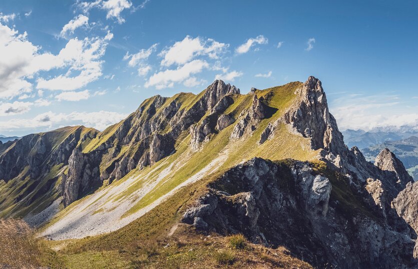 Ein Pfad schlängelt sich über den grünen Hang der Casanna, ein traumhafter Blick vom Gipfel des Grüenhorns.  | © Davos Klosters Mountains