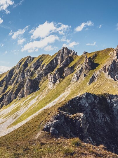 Ein Pfad schlängelt sich über den grünen Hang der Casanna, ein traumhafter Blick vom Gipfel des Grüenhorns.  | © Davos Klosters Mountains