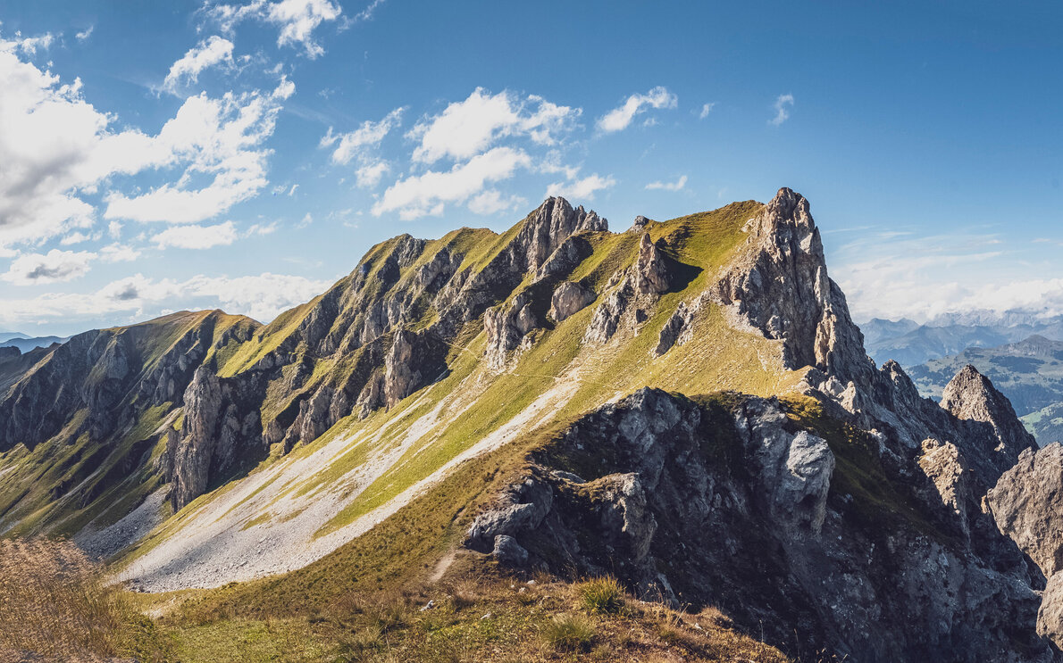 Ein Pfad schlängelt sich über den grünen Hang der Casanna, ein traumhafter Blick vom Gipfel des Grüenhorns.  | © Davos Klosters Mountains