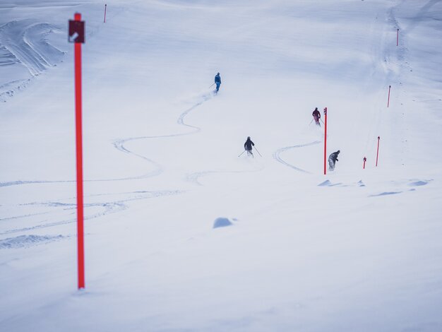 Skifahrer ziehen ihre ersten Kurven auf der mit Pulverschnee bedeckten Abfahrt. | © Davos Klosters Mountains