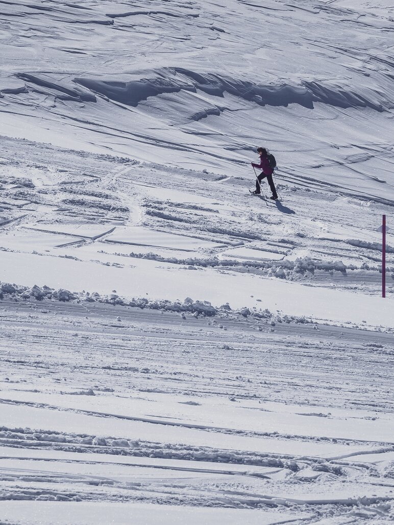 Woman enjoys snowshoe hike over white powder carpet at Pischa. | © Davos Klosters Mountains
