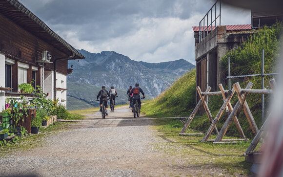 Blick auf vier Biker, die über den Forstweg wegfahren. | © Davos Klosters Mountains