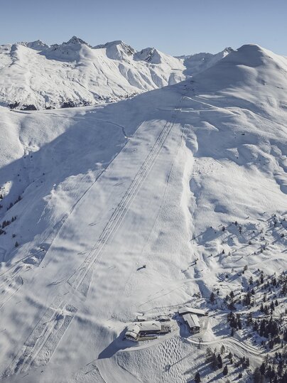 Drohnenaufnahme des Skigebiet Rinerhorn. | © Davos Klosters Mountains