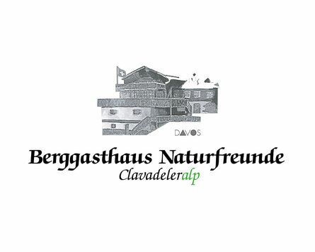 Logo des Berggasthaus Naturfreunde welches von einer Schwarz-Weiss Zeichnung des Berggasthauses geziert wird. | © Davos Klosters Mountains