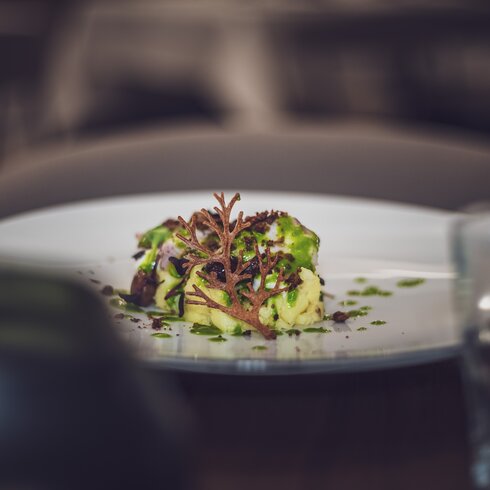 The octopus salad from Bistro National is beautifully arranged on the plate and looks delicious. | © Davos Klosters Mountains