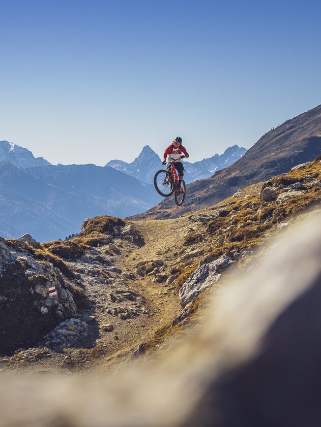 Ein Biker macht einen Sprung auf dem Signaltrail auf Gotschna, das Tinzenhorn im Hintergrund.  | © Davos Klosters Mountians