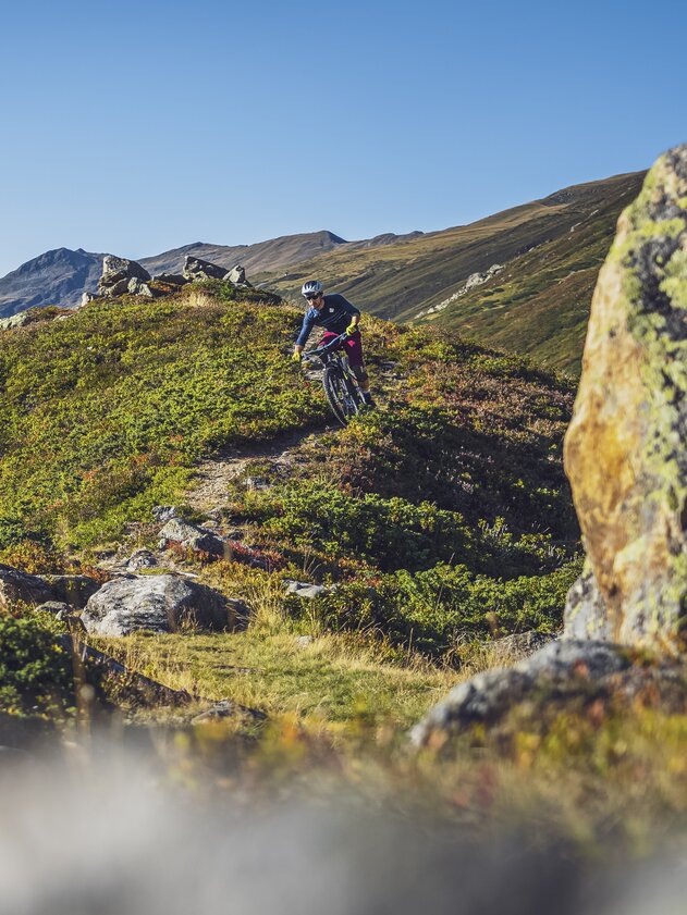 Ein Biker ist auf dem Biketrail im herbstlichen Flüelatal unterwegs. | © Davos Klosters Mountains