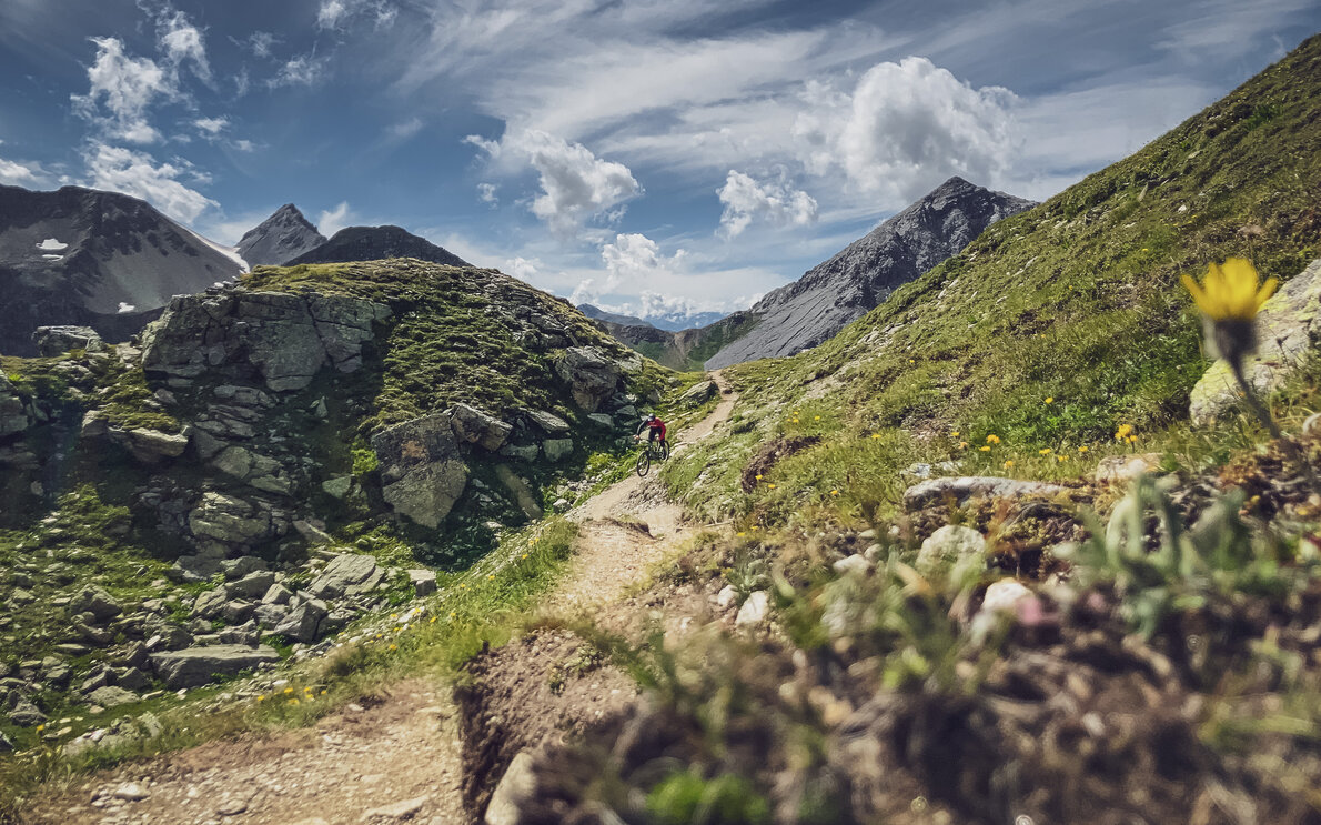 Ein Biker geniesst die Abfahrt auf dem Biketrail beim Chörbschhorn an einem wunderschönen Sommertag. | © Davos Klosters Mountains