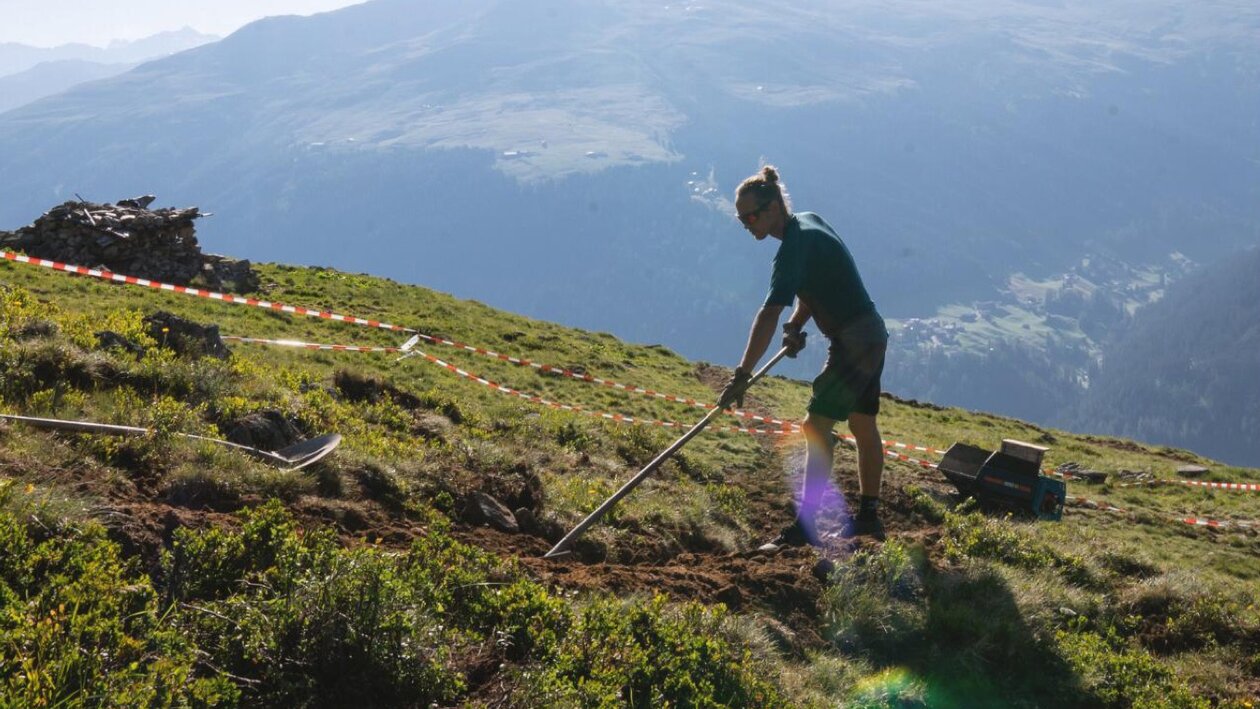 Person am Mülleinsammeln auf Wiese  | © Davos Klosters Mountains 
