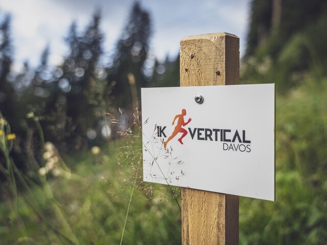Der Wegweiser am Pfosten zeigt den Weg auf das Jakobshorn auf der Trailrunning Strecke Vertical Davos. | © Davos Kloster Mountains