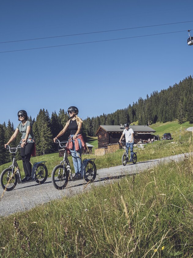 Trottinett Abfahrt Rinerhorn Gondeln | © Davos Klosters Mountains Eine Gruppe von Freunden fährt mit den Trottinette unter der Gondelbahn Rinerhorn hindurch, vorbei an einer grünen Wiese in Richtung Tal. | © Davos Klosters Mountains