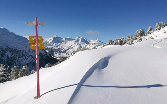 Wanderwegweiser im Schnee mit Ausblick ins Prättigau. | © Davos Klosters Mountains