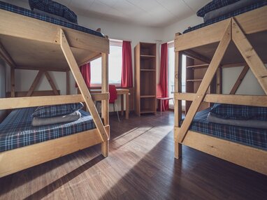 Mehrbettzimmer mit Stockbetten, Tisch, Stuhl und Kleiderablagen | © Davos Klosters Mountains 