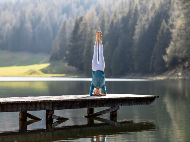 Yogalehrerin Sabine Roder beim Handstand am Davoser See | © Martin Bissig